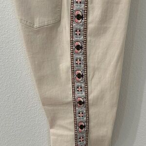 TORY BURCH | Cropped Embellished TUXEDO Denim Jean Pants | Cream Flax | Size 30